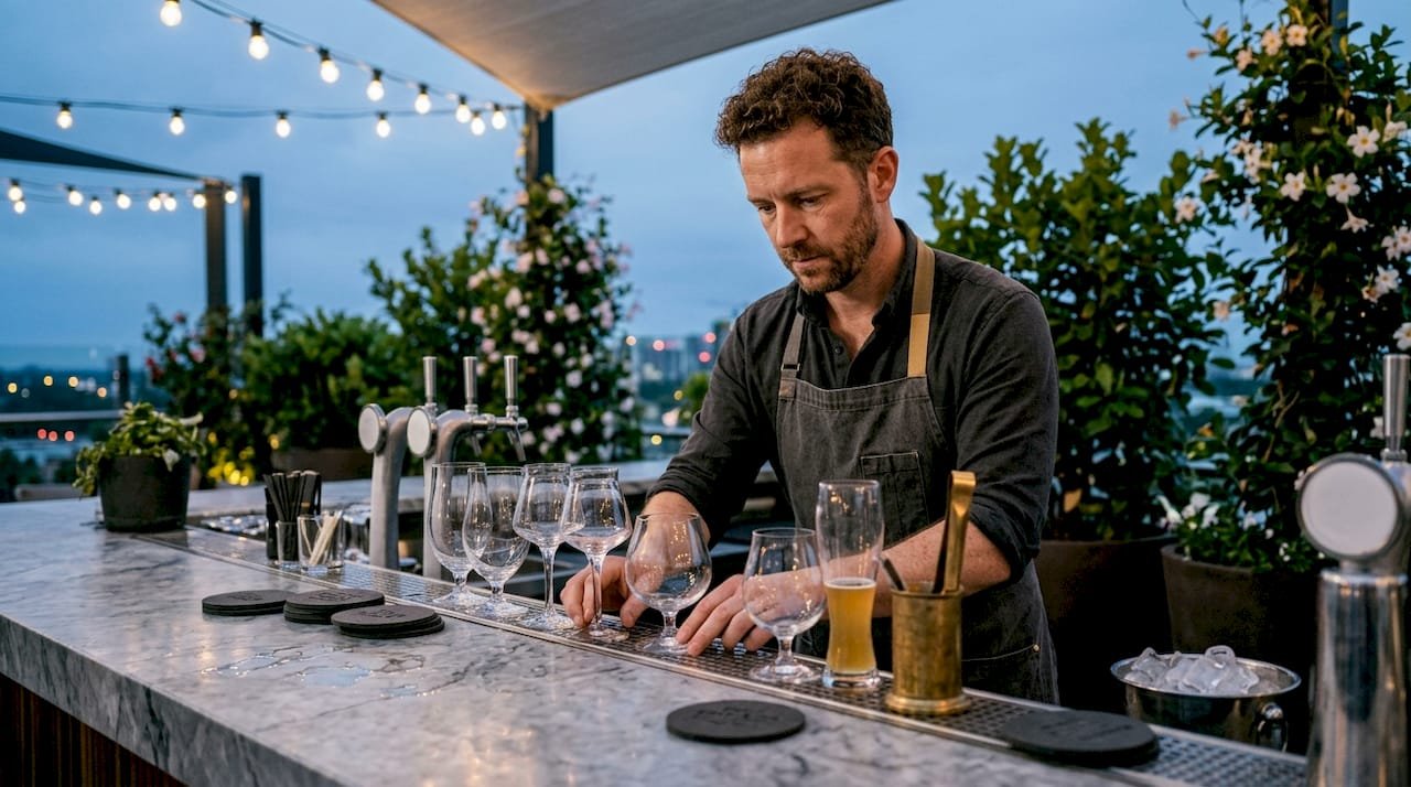 Bartender arranging diverse beer glasses on bar