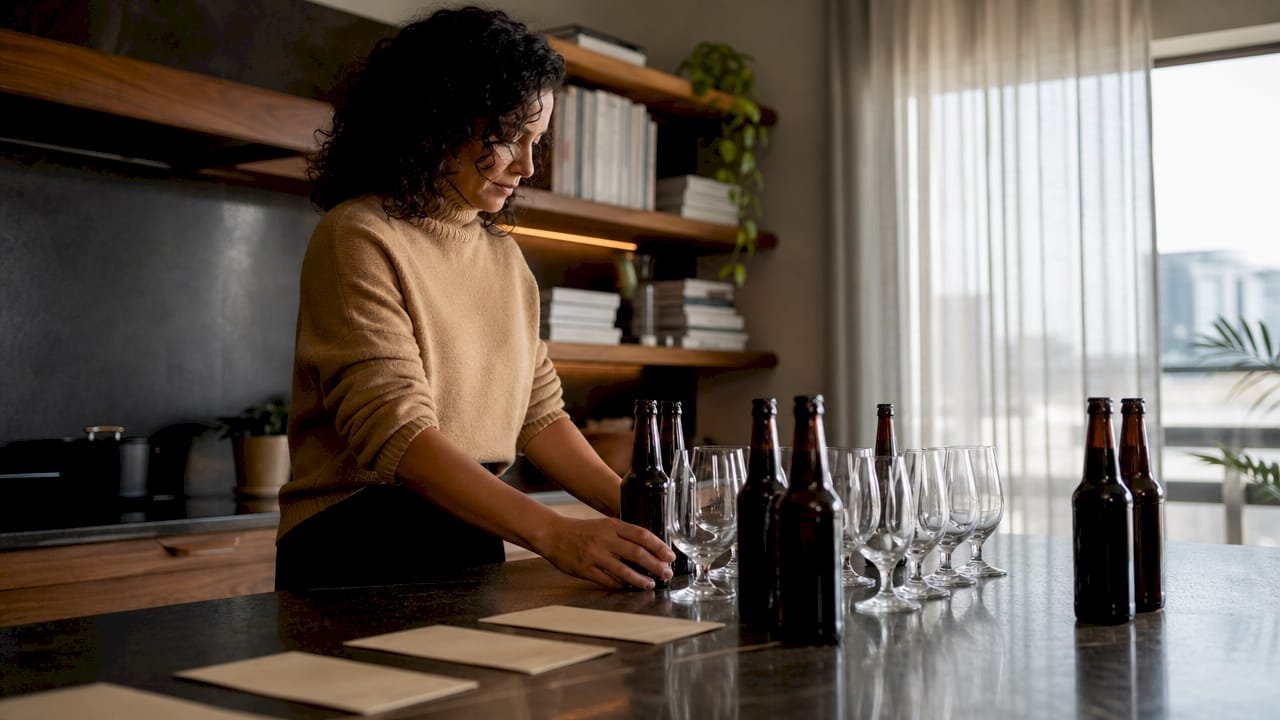 Woman arranging craft beer tasting setup