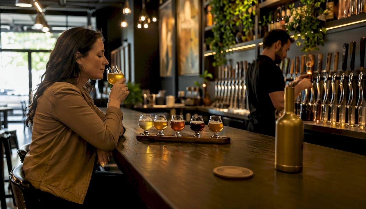 Woman tasting craft beers in a brewery taproom