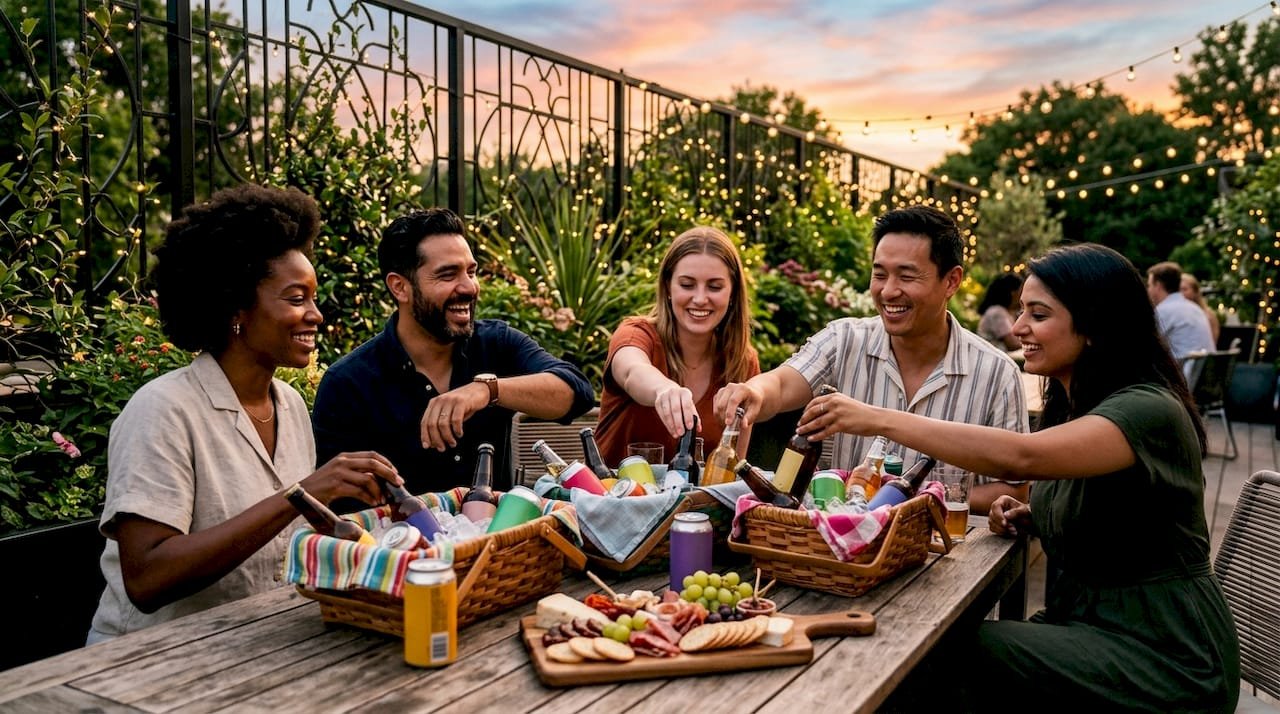 Diverse group enjoying variety of beers at outdoor party