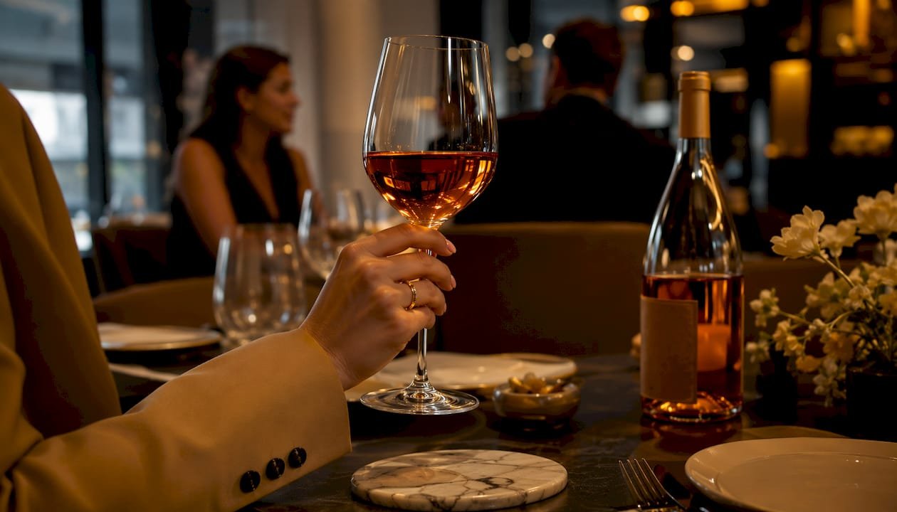 Hand holding glass of amber orange wine
