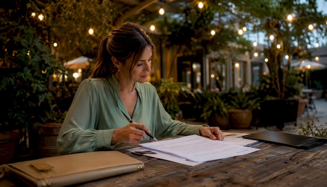 Event planner reviewing food safety documents