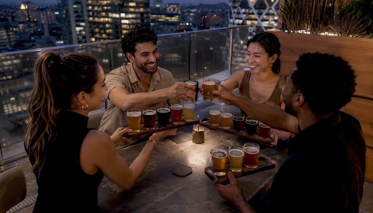 Friends enjoying craft beer flight at brewery
