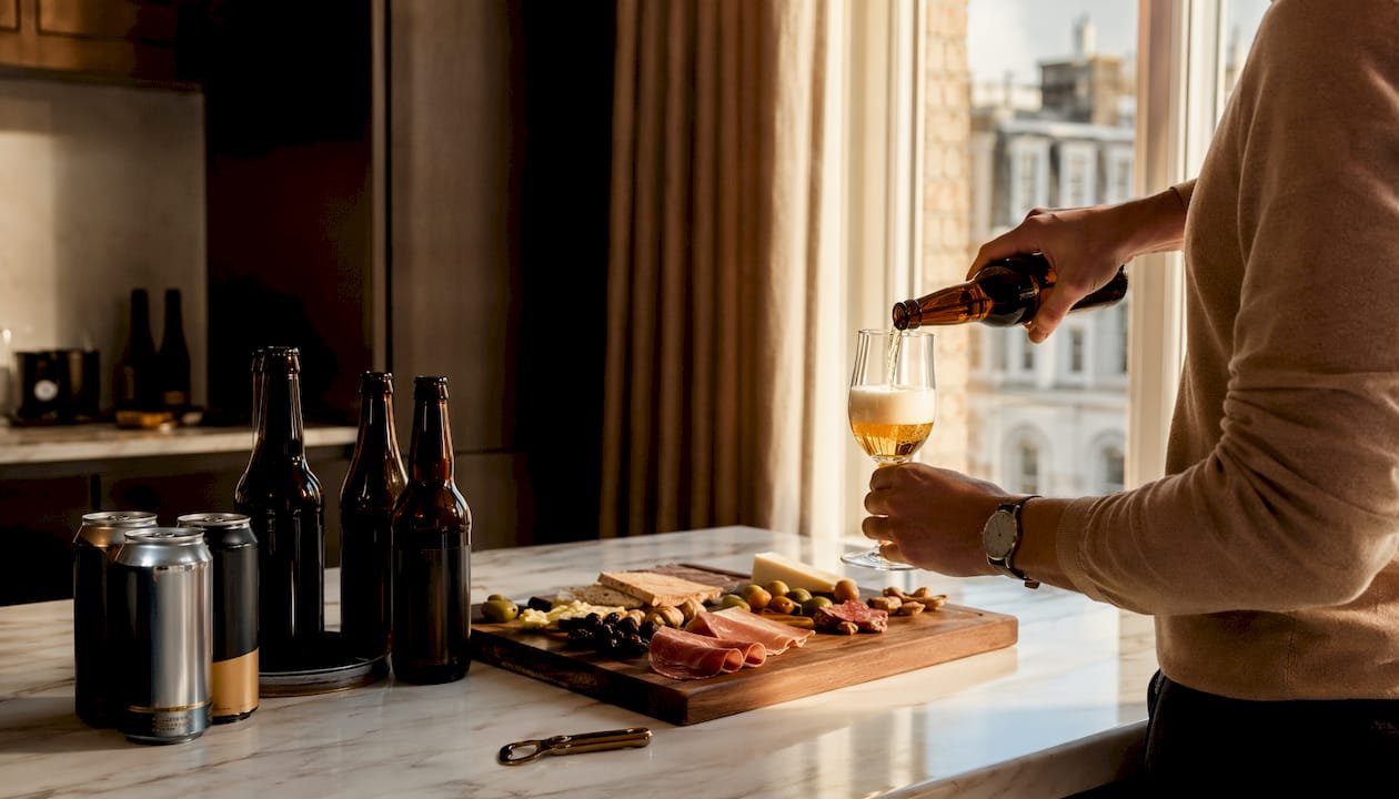 Hands taking beer from fridge with serving guide nearby