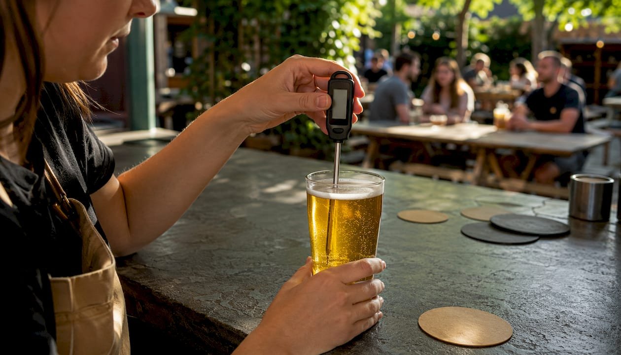 Brewer measuring beer temperature with thermometer