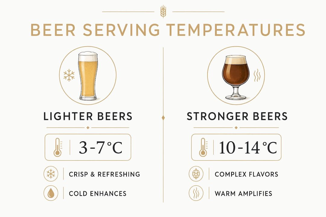 Infographic comparing lighter and stronger beer serving temperatures