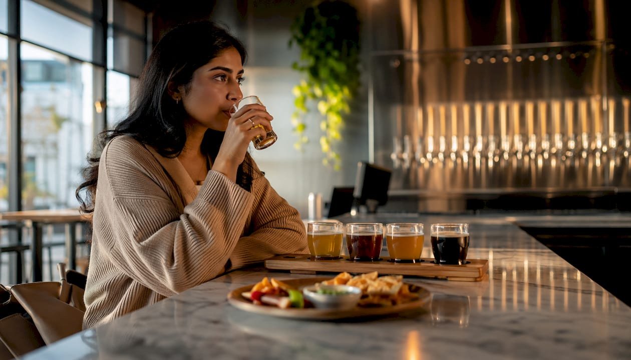 Woman tasting vegan craft beers at UK brewery