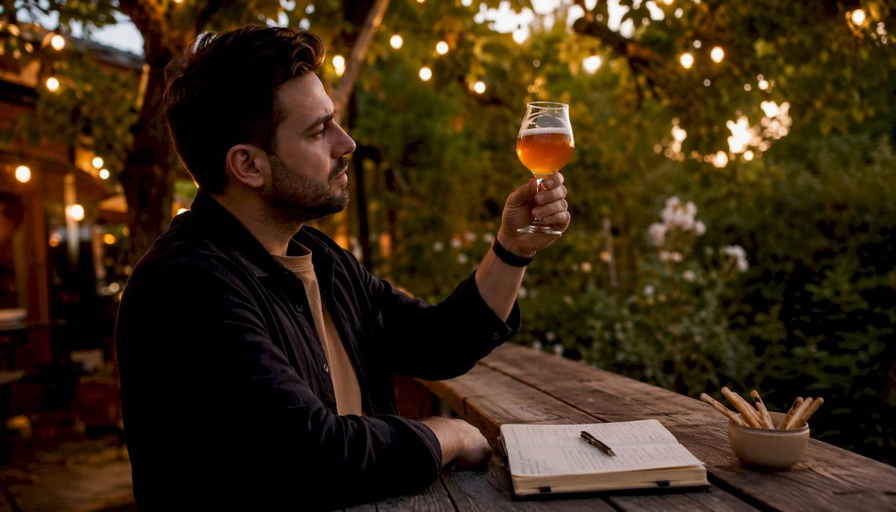 Man examining beer glass at home bar
