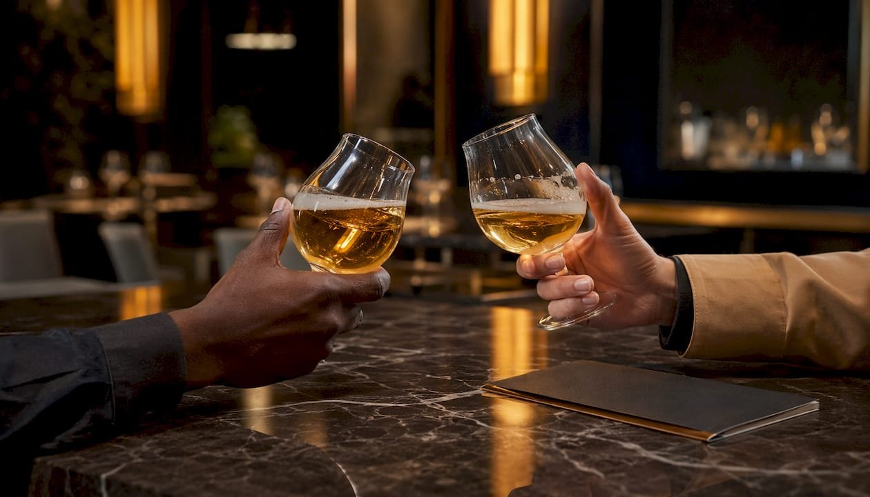 Hands swirling beer in tulip glass
