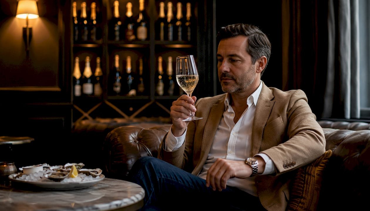 Man tasting Sussex sparkling wine at bar