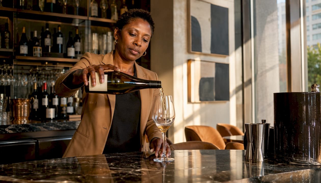 Sommelier pouring natural wine for tasting in shop
