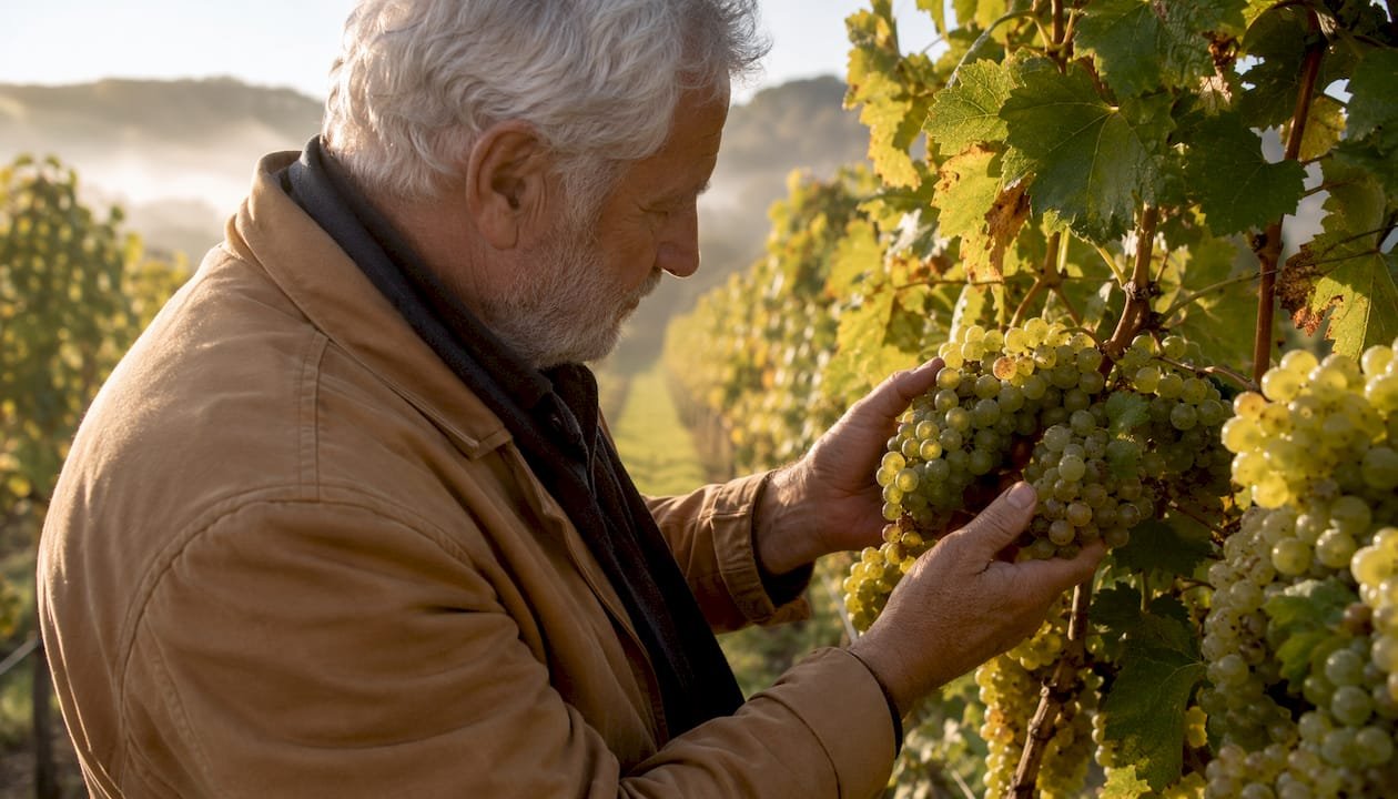 Hands inspecting organic grapes in vineyard