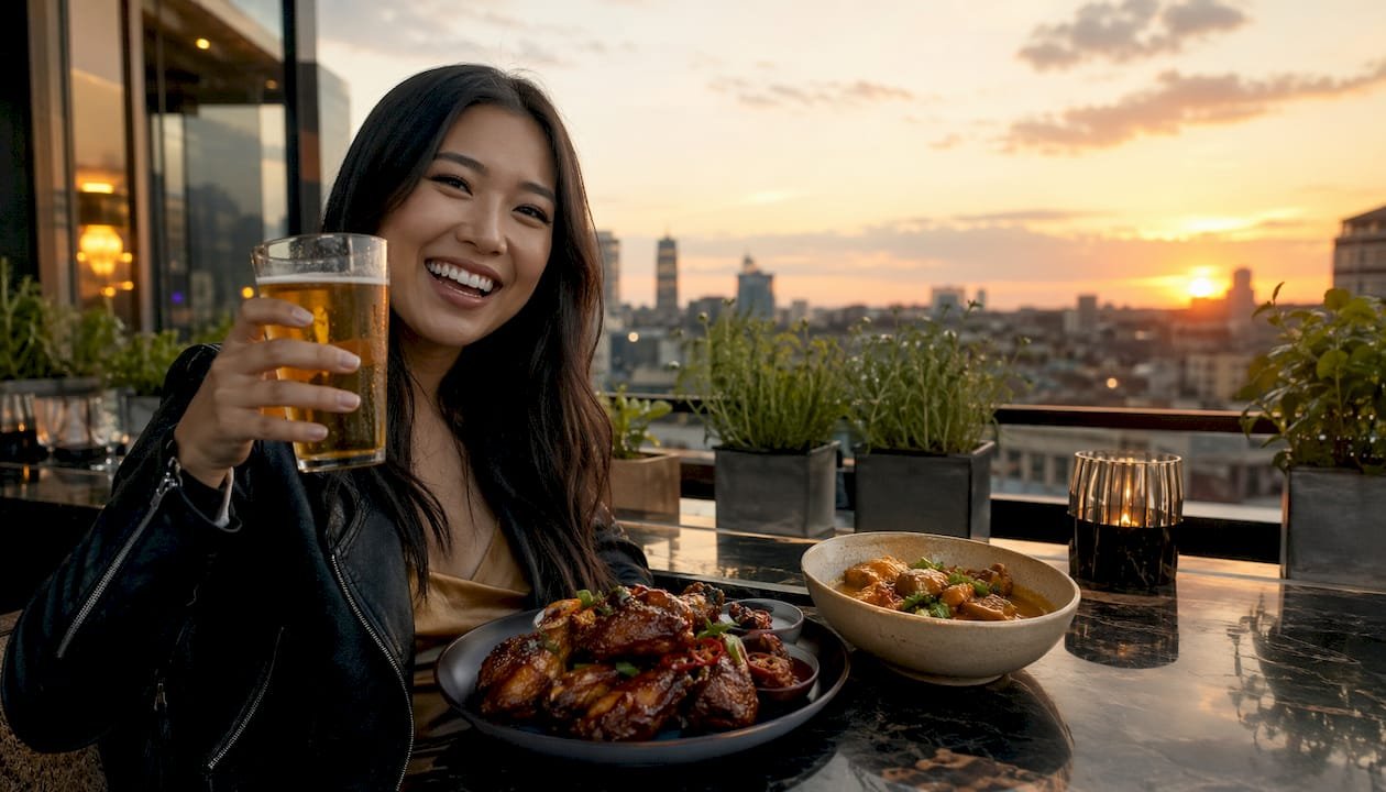 Person enjoying beer with spicy wings and curry