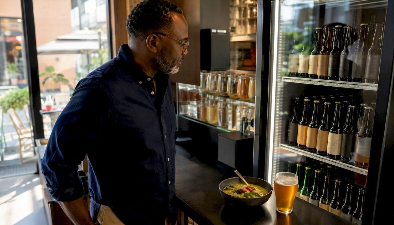Person choosing craft beer for spicy food pairing