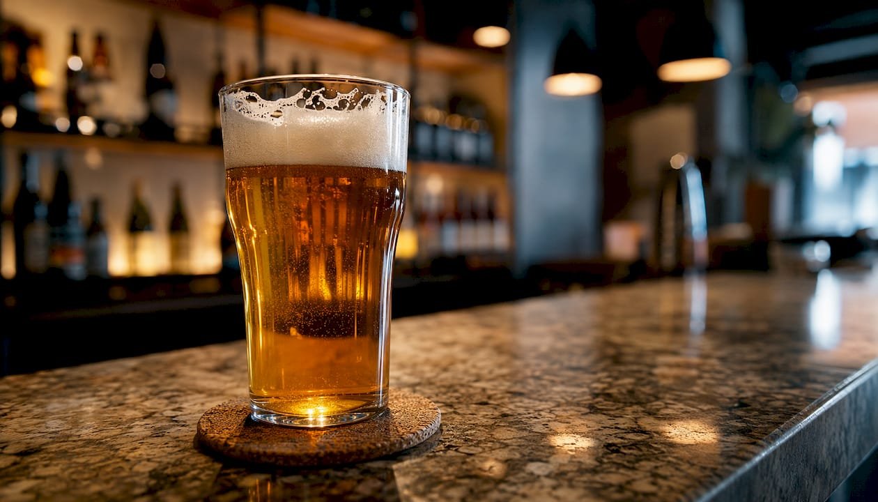 Close-up classic English IPA pint glass