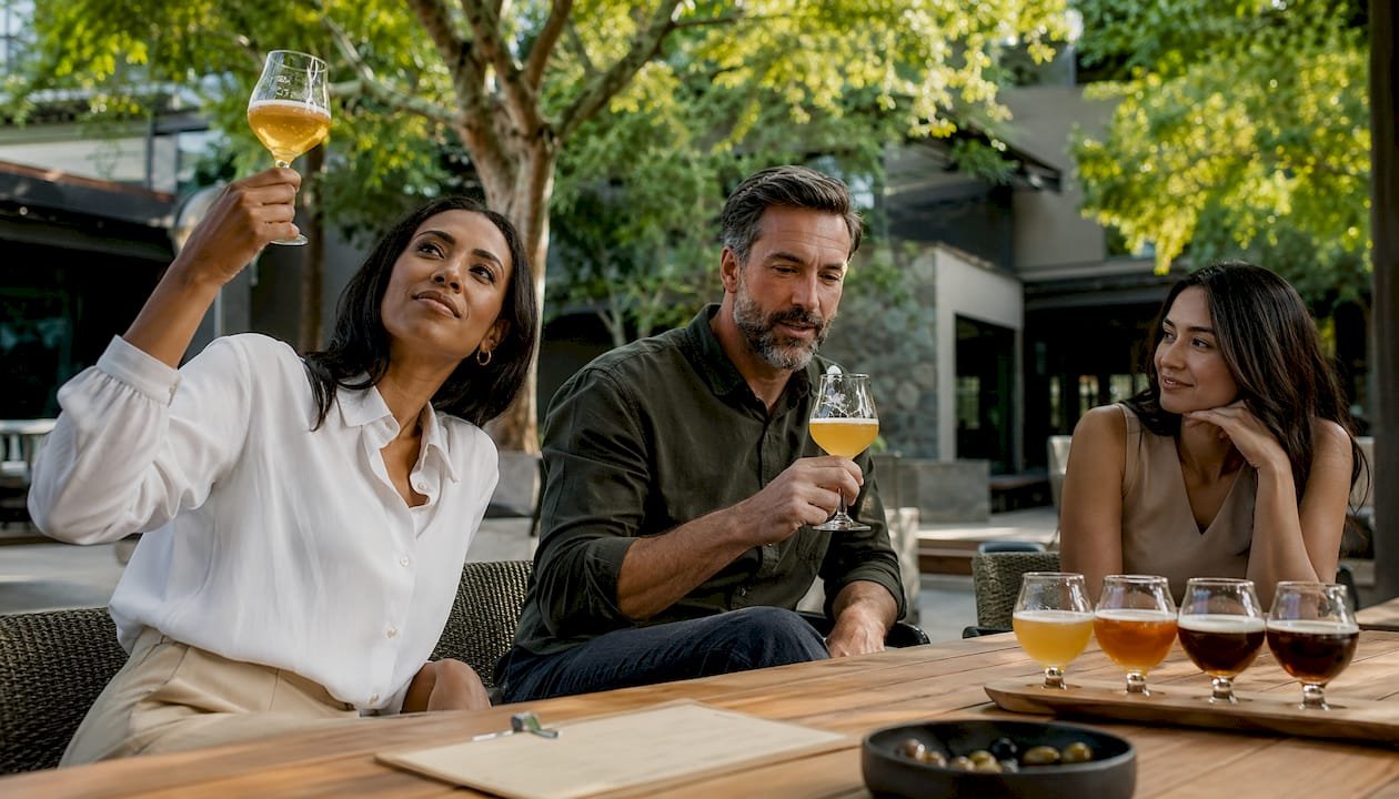 People sampling IPA beers at rustic table