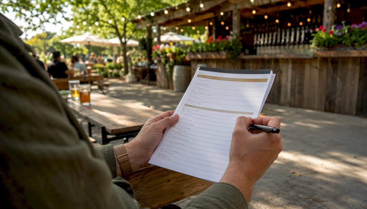 Close-up of site visit checklist in taproom