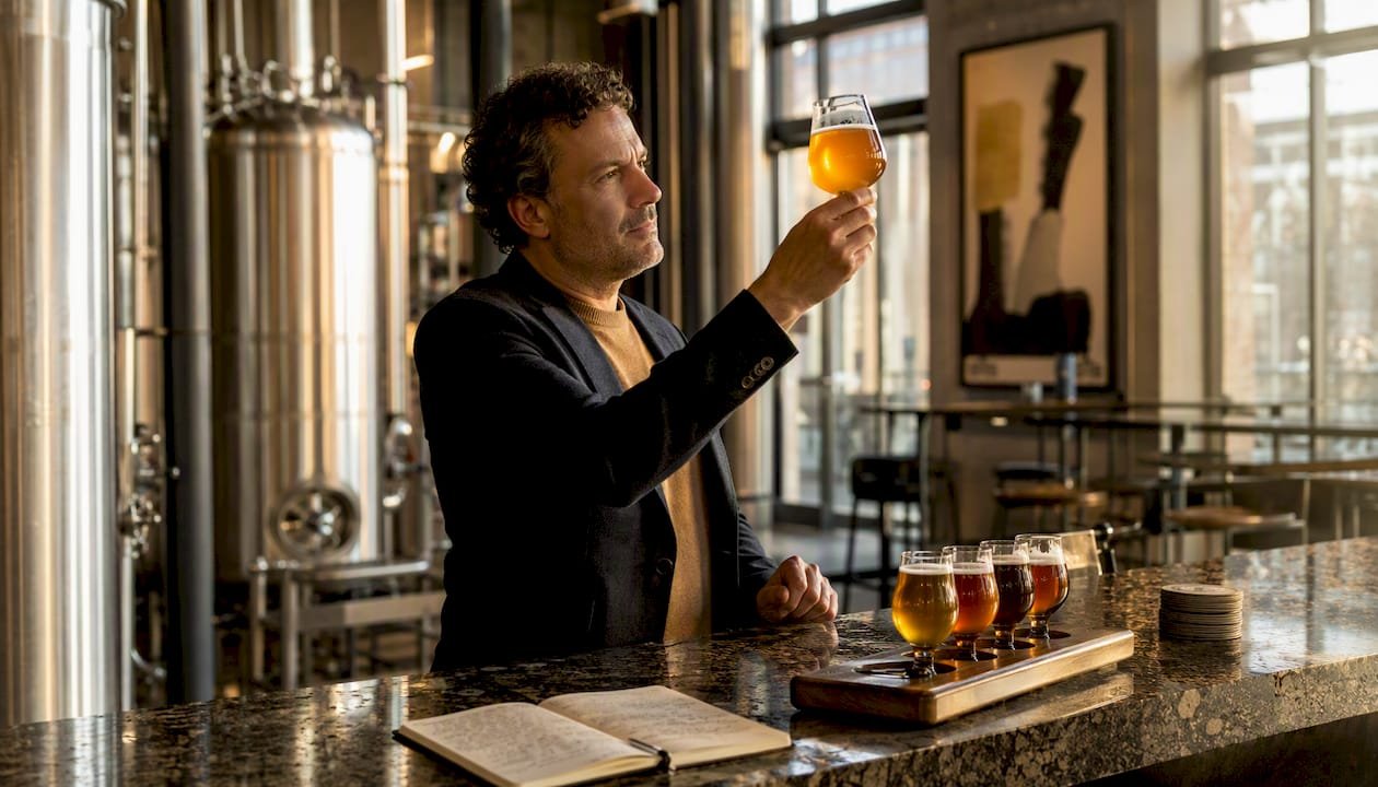 Man tasting IPA beer at brewery bar