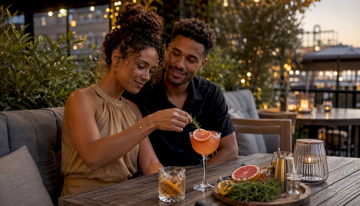 Couple mixing cocktail in speakeasy bar