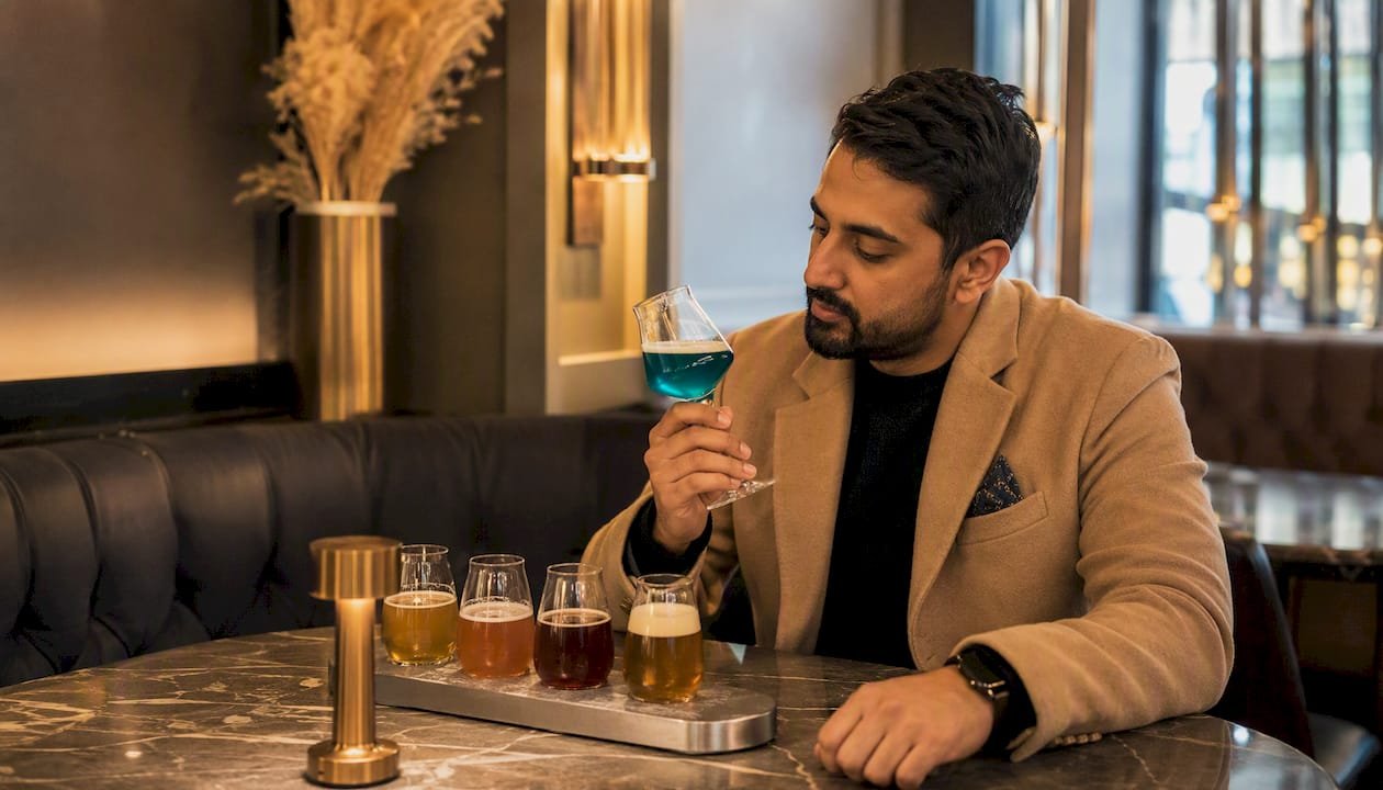 Man tasting low ABV craft beer in taproom