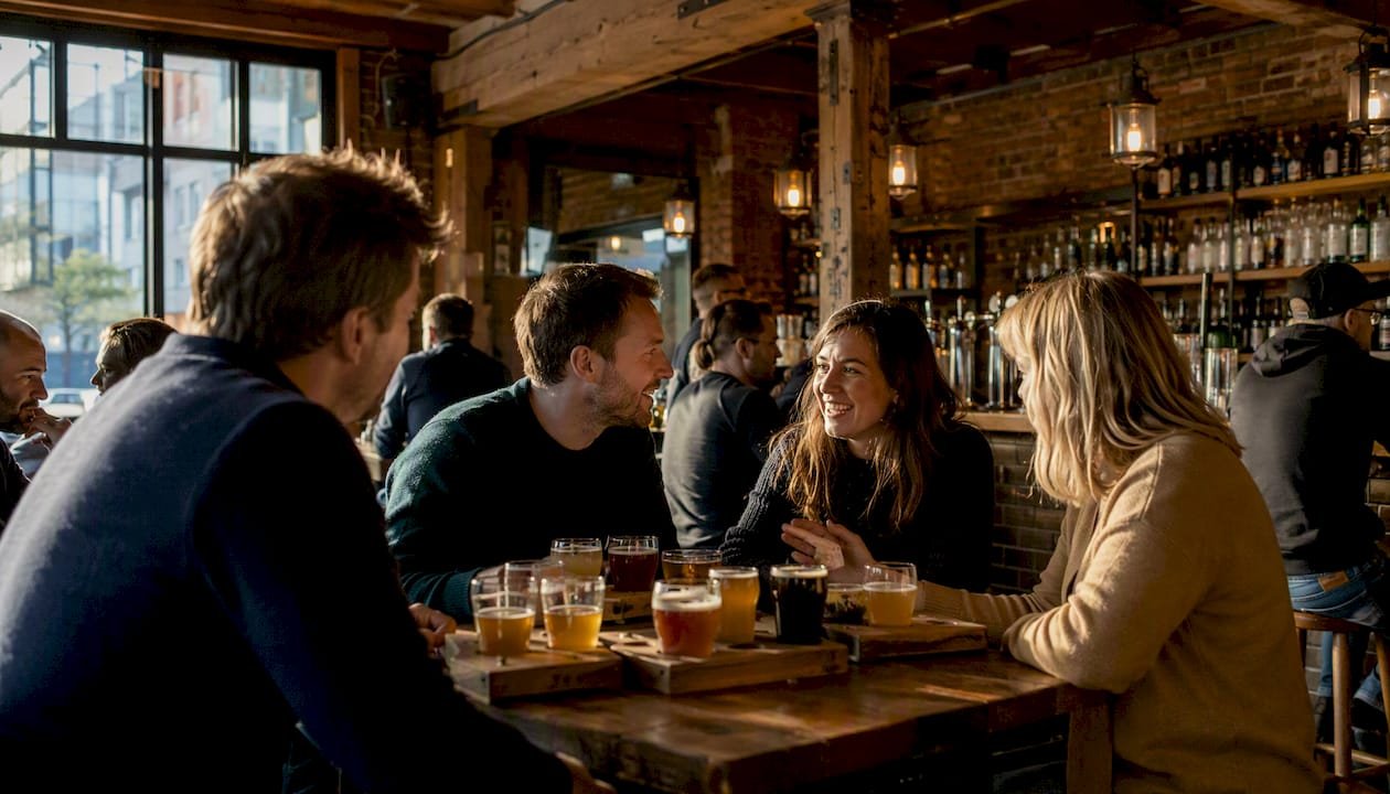 Cozy UK craft beer taproom interior with patrons