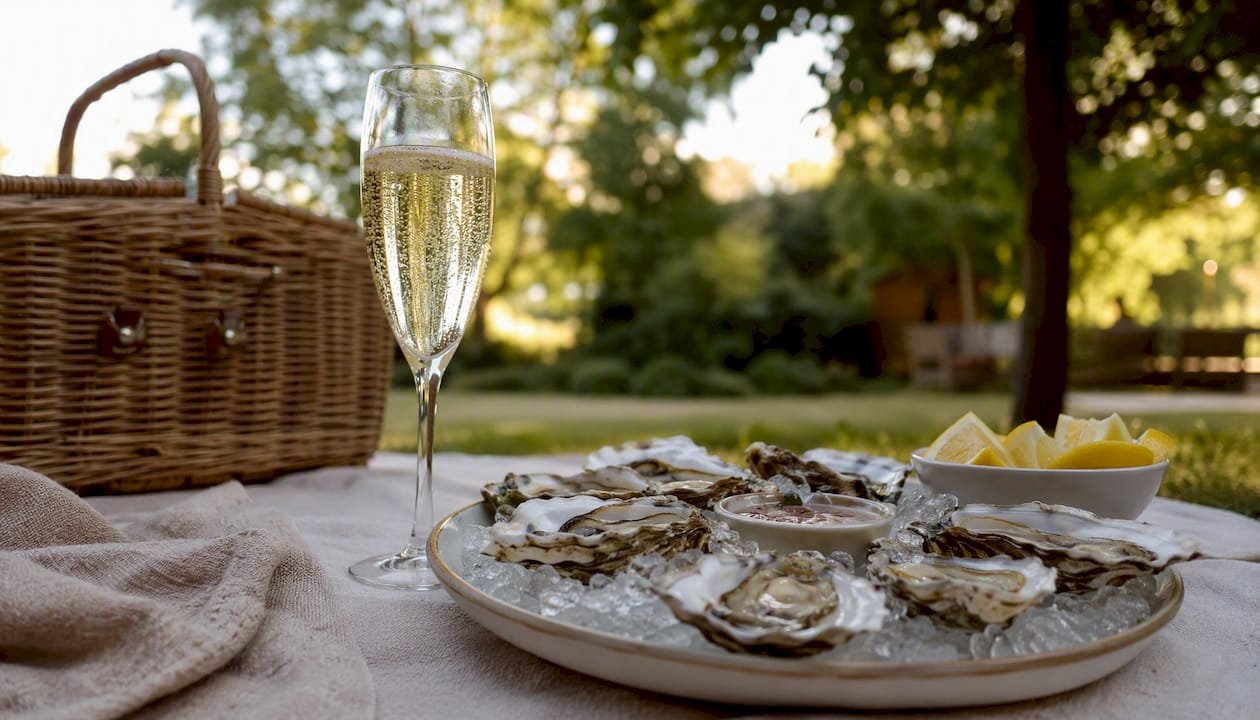Glass of English sparkling wine with oysters and lemon