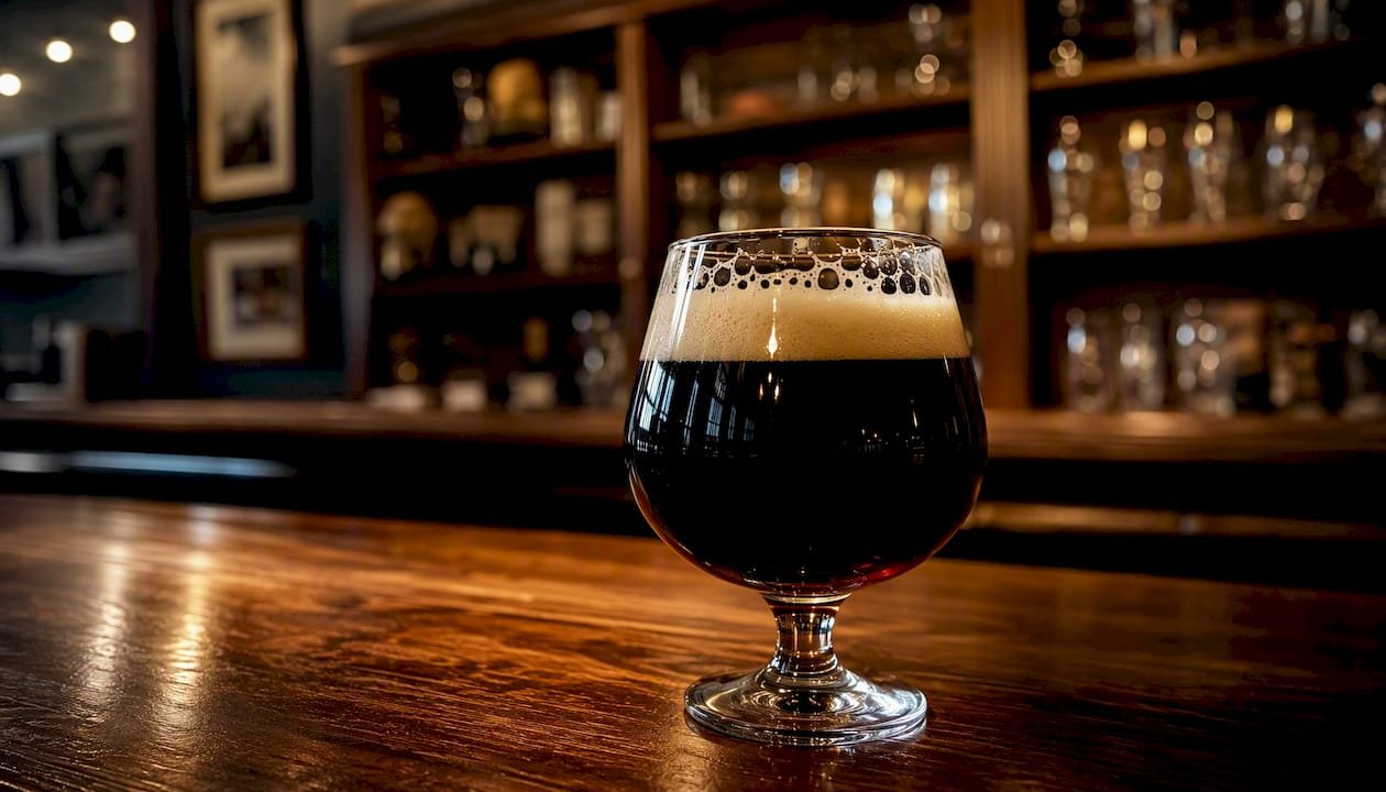 Glass of dark mild ale in taproom