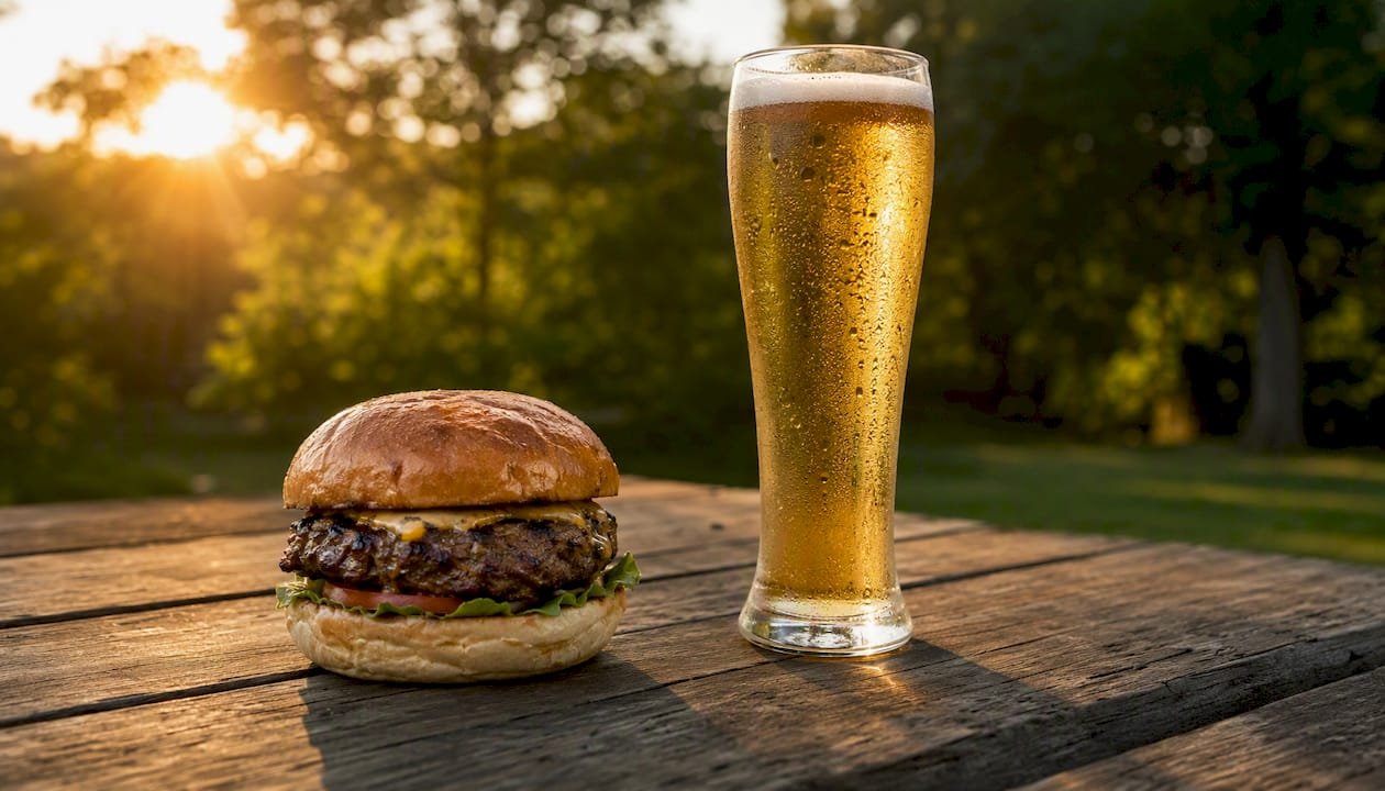 Classic beef burger paired with pilsner beer