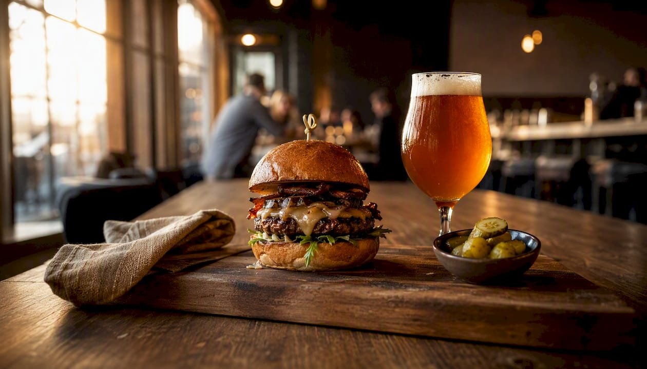 Craft beer poured alongside a gourmet burger in a taproom