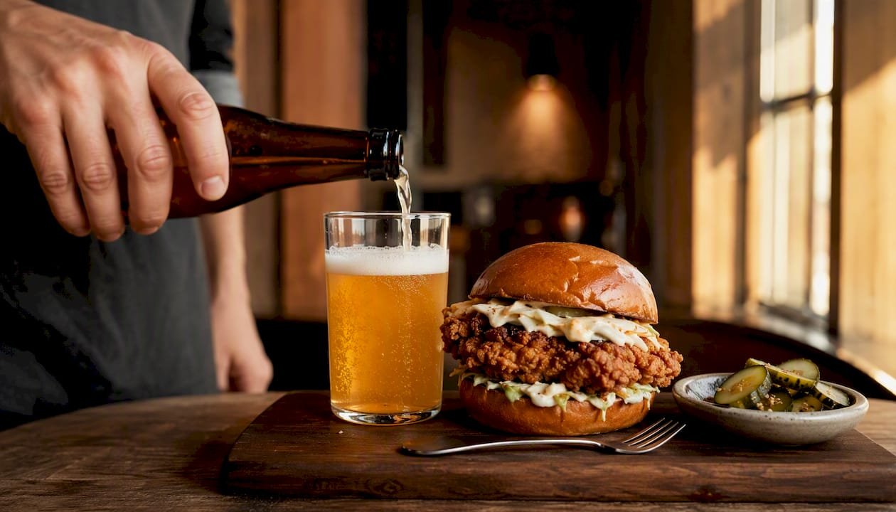 Fried chicken burger and Hefeweizen beer pouring