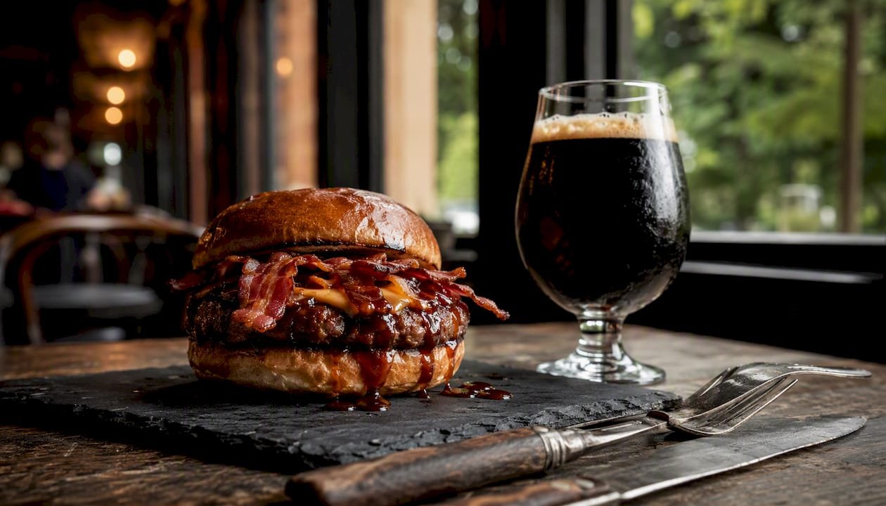 Smoky bacon BBQ burger with porter beer