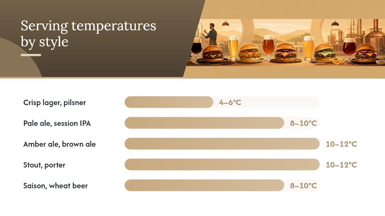 Diagram of beer styles with serving temperatures and pairing effects