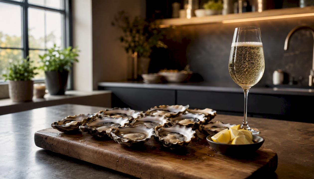 Oysters and glass of Sussex sparkling wine