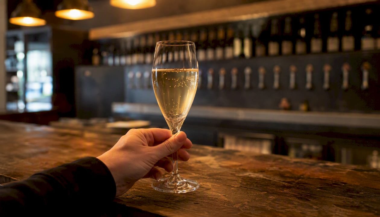 Glass of Sussex sparkling wine in taproom