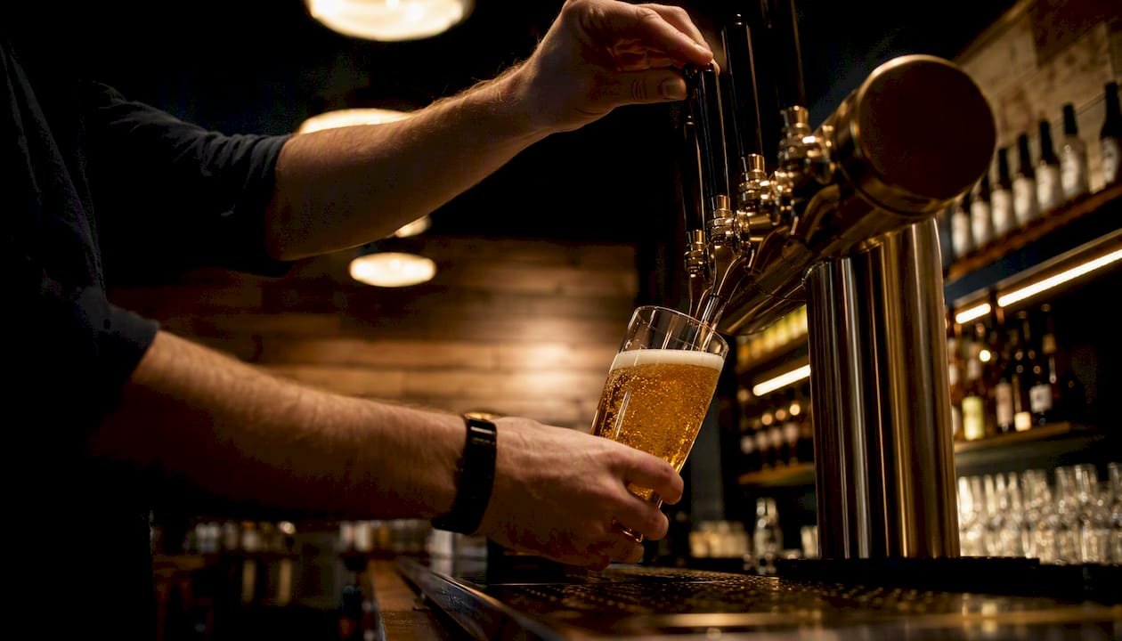 Bartender pouring craft beer in taproom