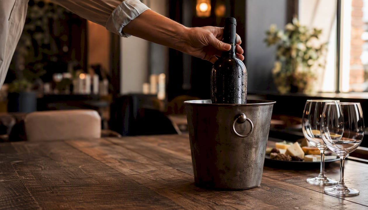 Hand placing red wine bottle in ice bucket