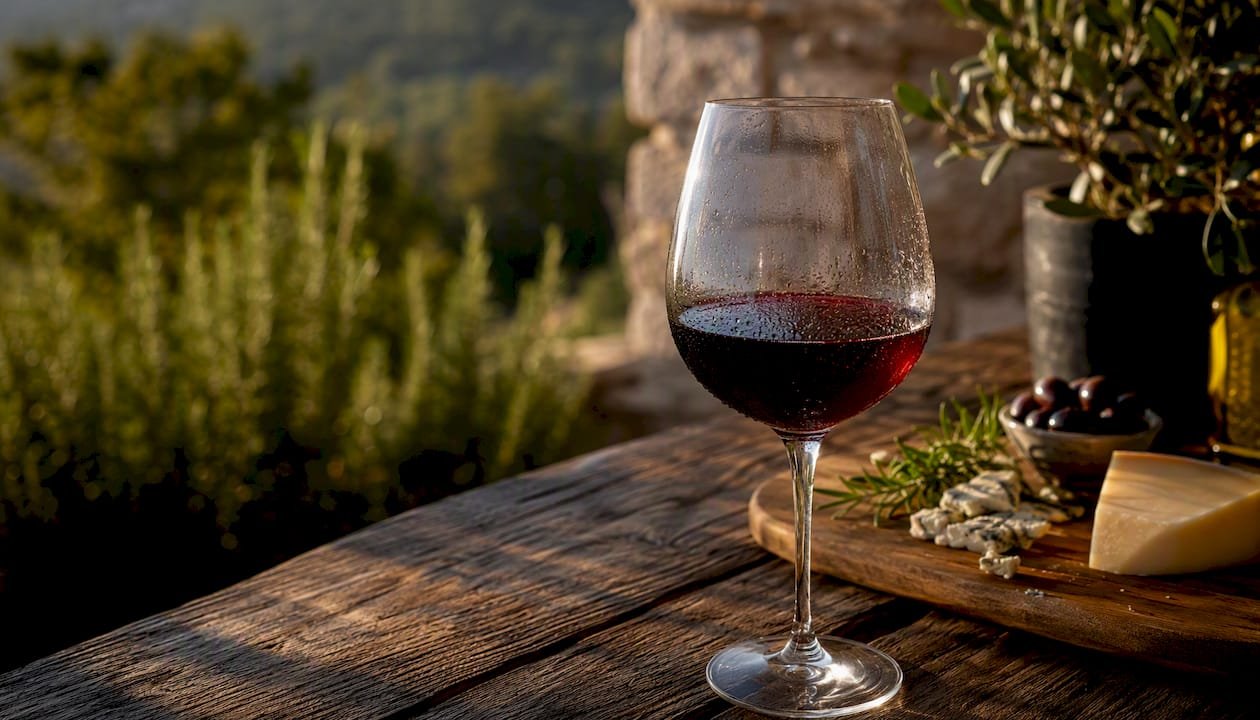Chilled glass of Beaujolais red wine on table
