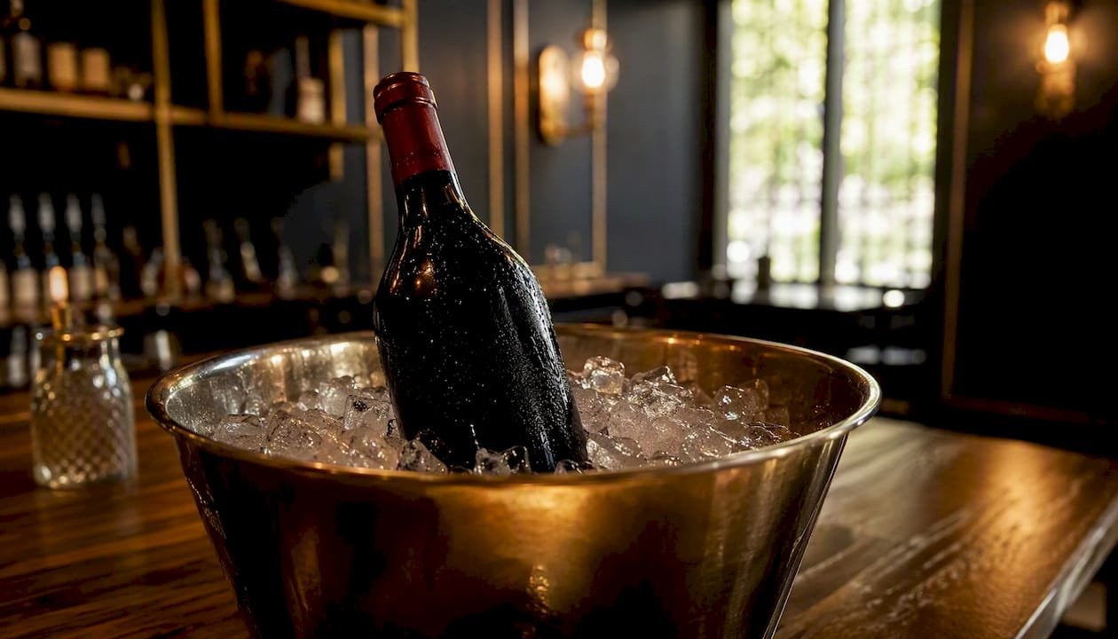 Red wine bottle chilling in ice bath