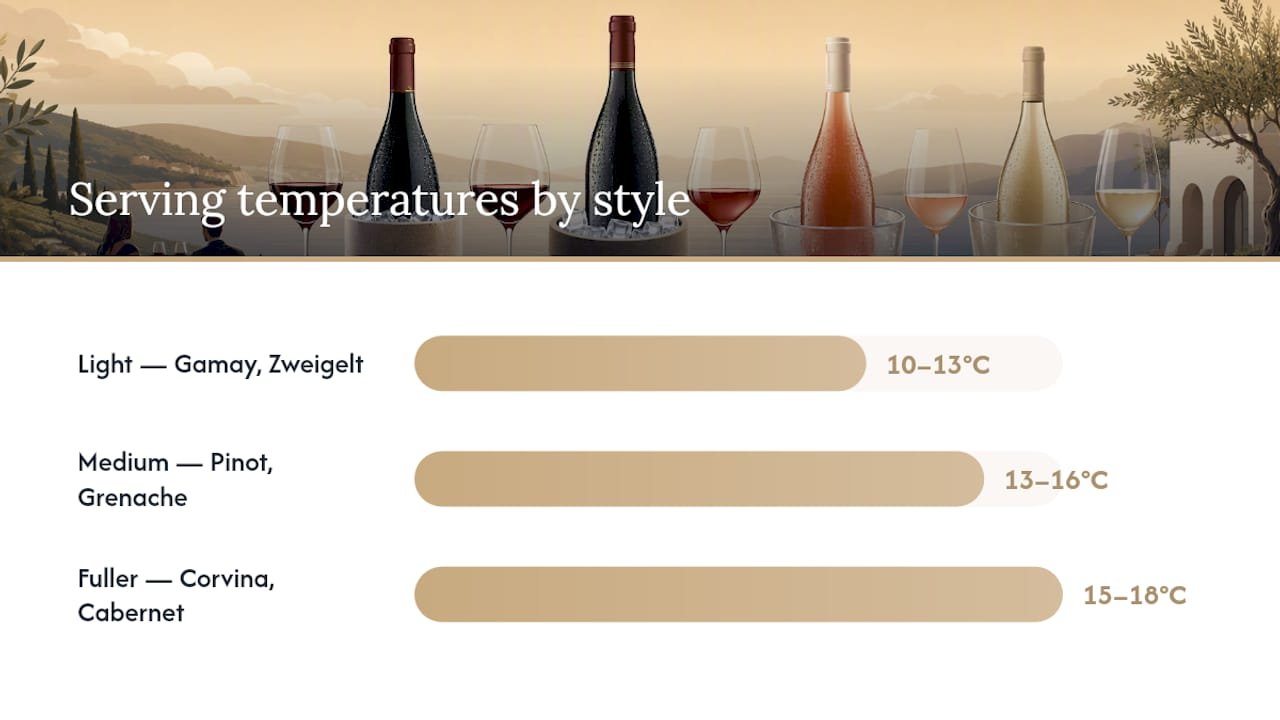 Serving temperature ranges and red wine styles comparison