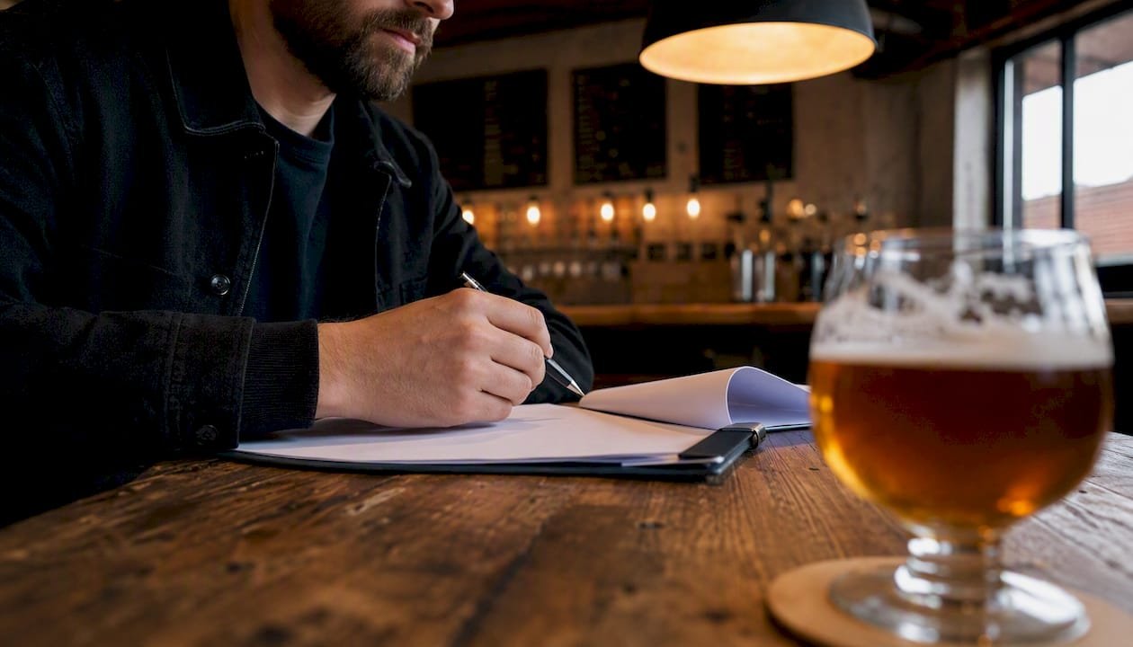 Hand holding pen over blank contract on wooden table