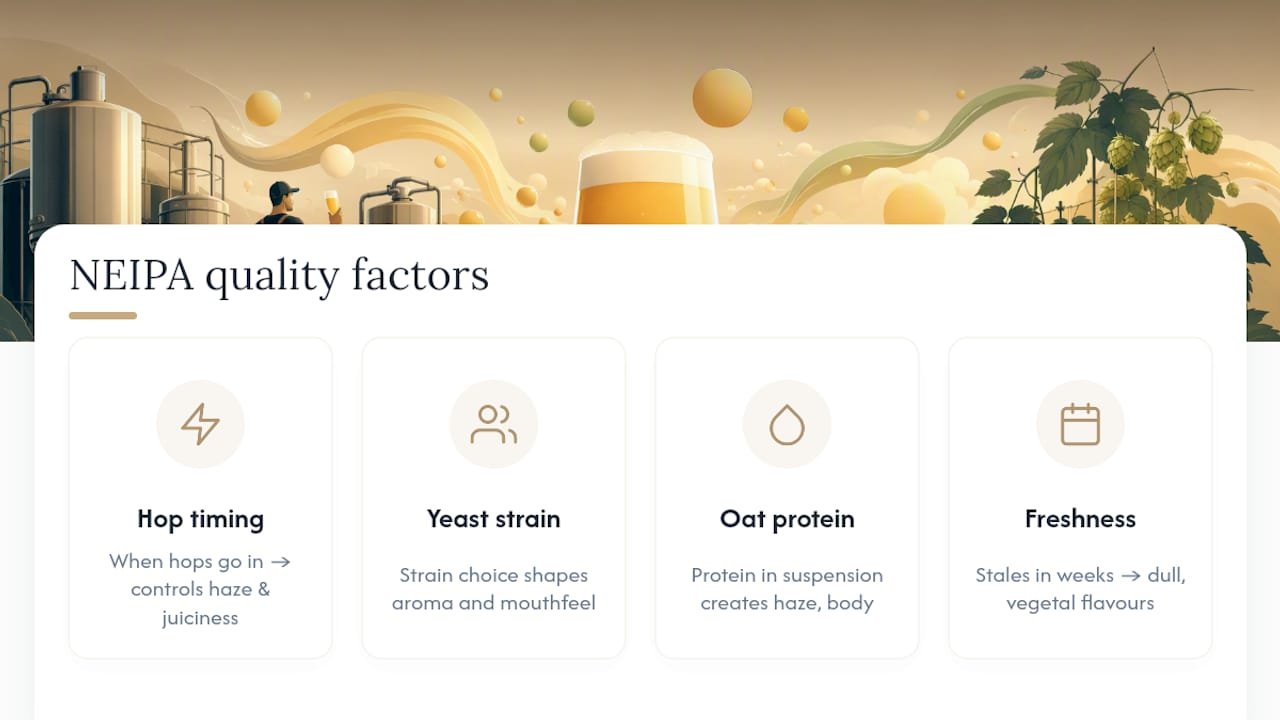 Diagram of NEIPA brewing factors impacting flavour and haze