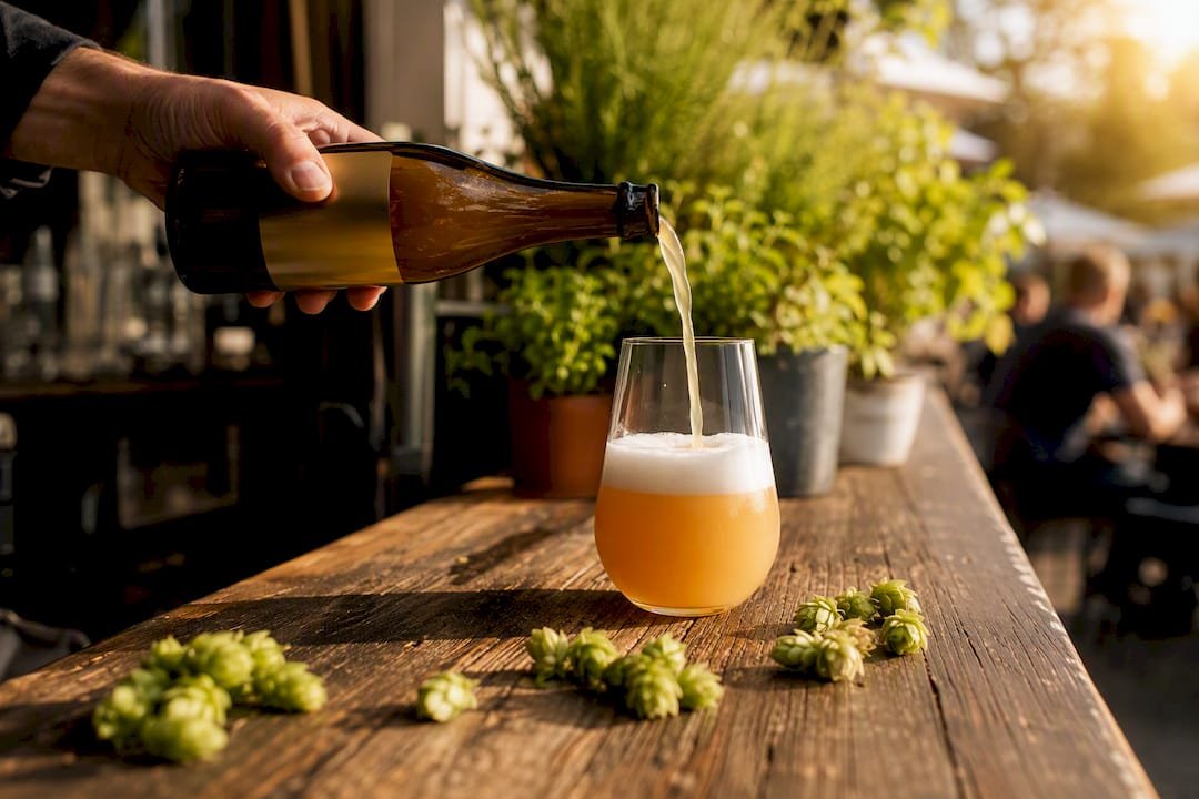 Hand pouring hazy New England IPA into glass